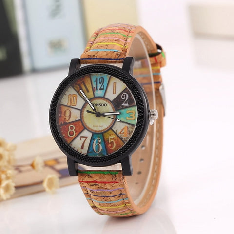 Flower Surface Wood Grain Leather Watch